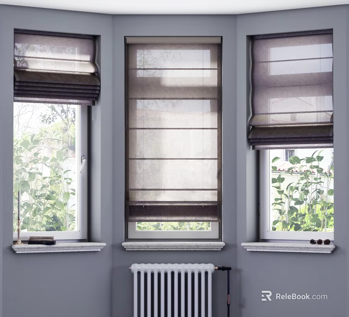 Neutral Toned Roman Curtains For Windows With Green Plants And Natural Light 3d model 