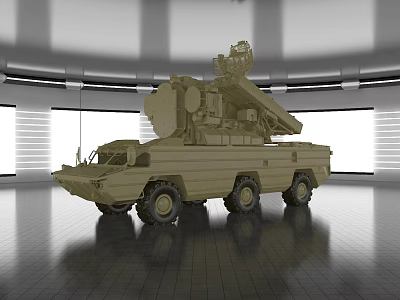 Military Style Functional Vehicle With Six Wheels And Radar Equipment In Exhibition Hall 3d model