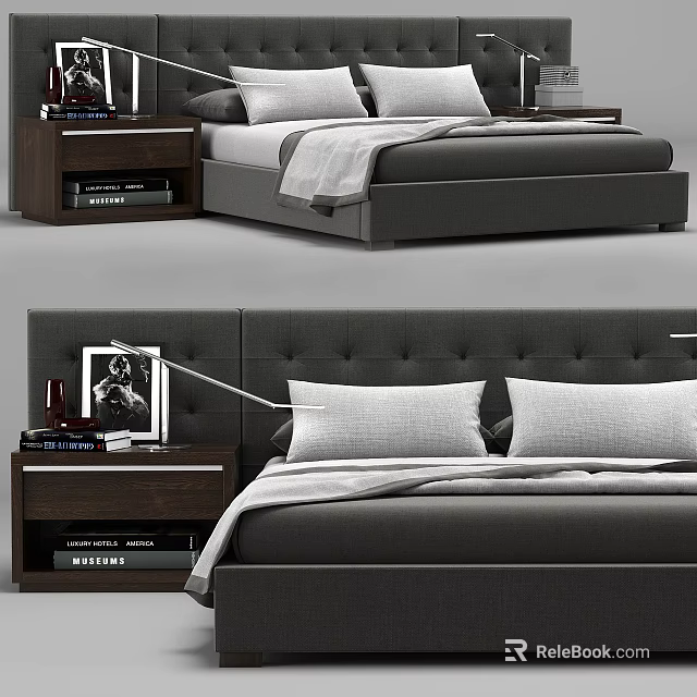 Double Bed With Tufted Headboard Gray Bedding Pillows And Nightstand With Books 3d model