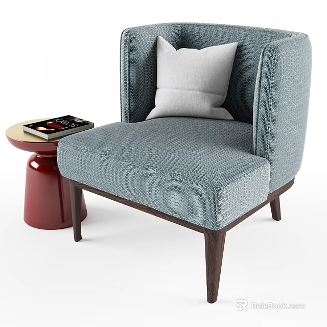 Modern Gray Single Sofa With White Cushion And Red Side Table With Magazine 3d model