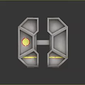 Cartoon Scene Of Silver Metallic Geometric Structure With Hexagonal Panels And Yellow Red Circular Symbols