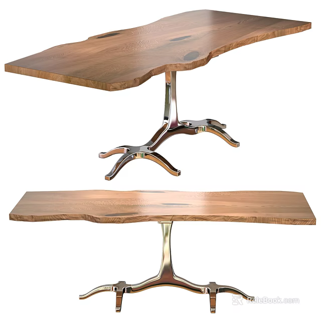 Rustic Wooden Dining Table With Natural Edge And Sturdy Metal Base 3d model 