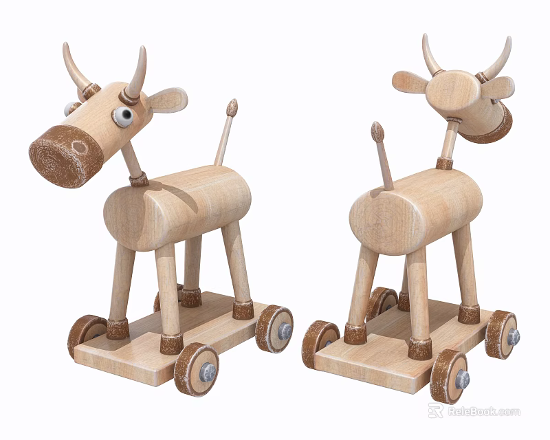 Handcrafted Wooden Cow Shaped Toys With Wheels For Kids Playful Design 3d model 