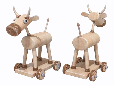 Handcrafted Wooden Cow Shaped Toys With Wheels For Kids Playful Design 3d model