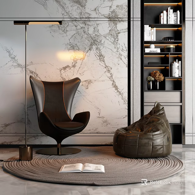 Modern Leather Single Sofa in Stylish Living Room with Marble Wall and Bean Bag 3d model 