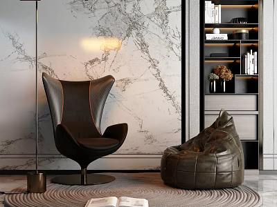 Modern Leather Single Sofa in Stylish Living Room with Marble Wall and Bean Bag 3d model
