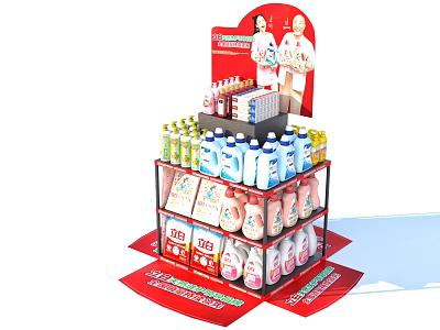 Household Products on Multi Layered Red Promotional Display Shelf with Toiletries Drinks and Cartoon Figures 3d model