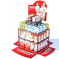 Household Products on Multi Layered Red Promotional Display Shelf with Toiletries Drinks and Cartoon Figures