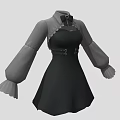 Black and Gray Dress with Bow Tie Cinched Waist and Ruffled Long Sleeves
