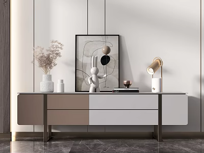 Modern Console Sideboard Cabinet Design With Metal Frame Wooden Drawers And Decorative Vase Lamp Artwork 3d model