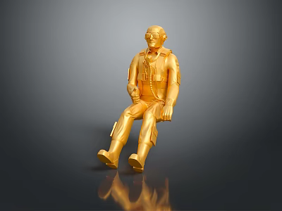 Golden Man Sitting On Dark Surface In Aviator Style Outfit With Reflection As Decorative Figurine 3d model