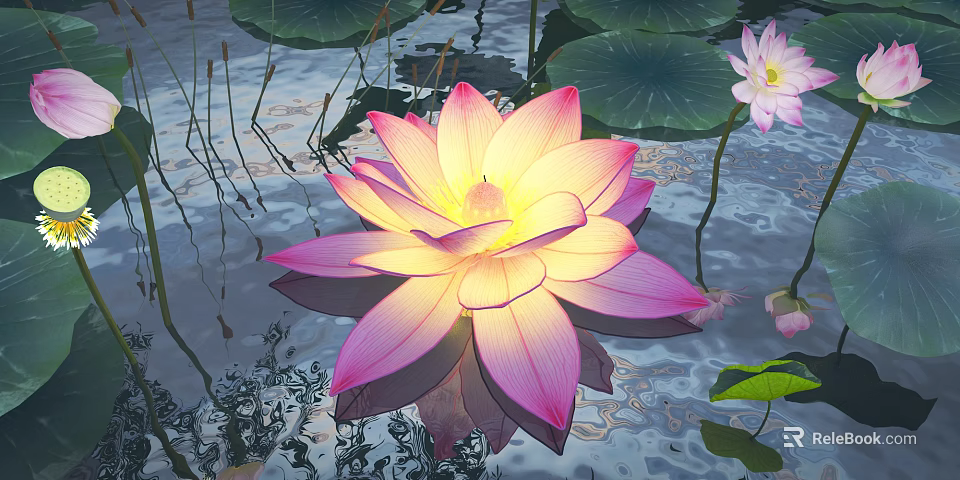 Vibrant Pink And Yellow Lotus Flower With Green Lily Pads And Reflection On Water 3d model 
