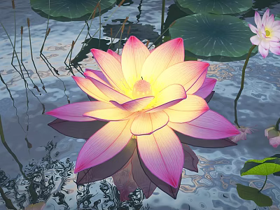 Vibrant Pink And Yellow Lotus Flower With Green Lily Pads And Reflection On Water 3d model