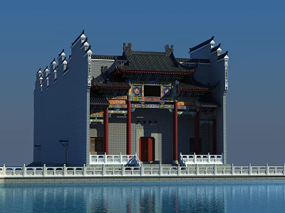 Ancient Chinese Architecture Traditional Design with Decorative Roof Red Columns and Front Water Pool 3d model