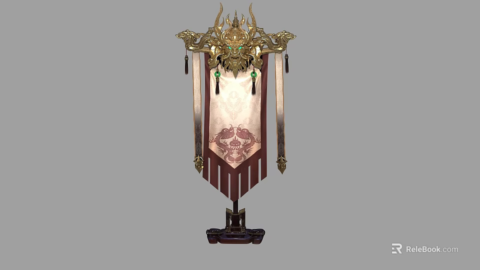 Traditional Ancient Decorative Banner With Golden Ornaments Green Gems And Red Pattern 3d model 