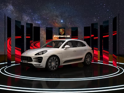 Porsche Showroom Showcasing White SUV With Circular Platform Starry Sky Background And Red Black Walls 3d model