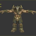 Muscular Horned Demon Warrior With Skull Decorated Armor And Bracers Standing On Dark Background