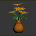 Orange Carved Vase With Yellow Blooming Flowers And Green Leaves
