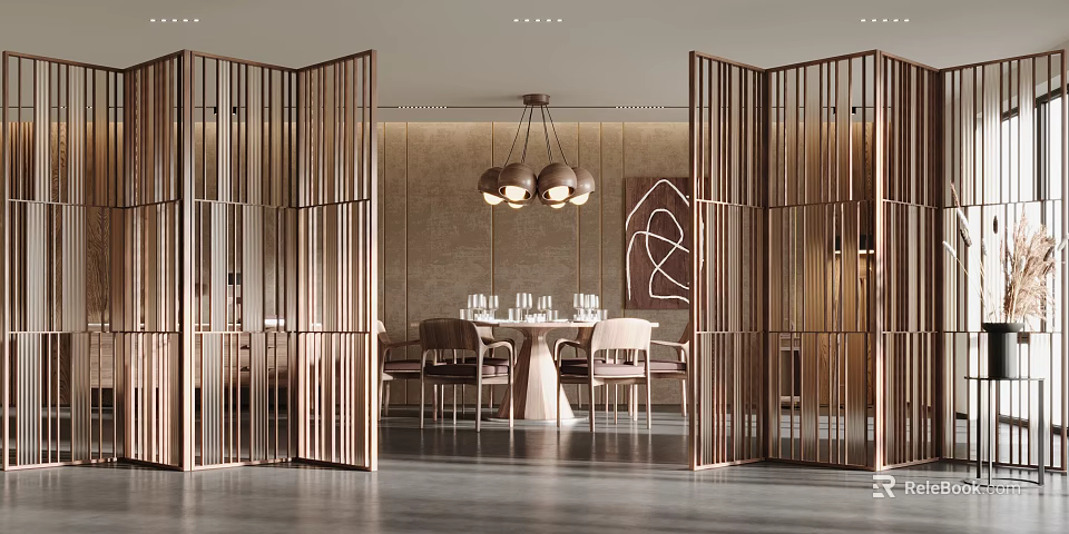 Elegant Modern Screen Design For Dining Room Interior With Geometric Patterns And Pendant Lights 3d model