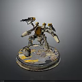 Mechanical Robot Character With Golden Head And Weapons On Circular Base 3d model