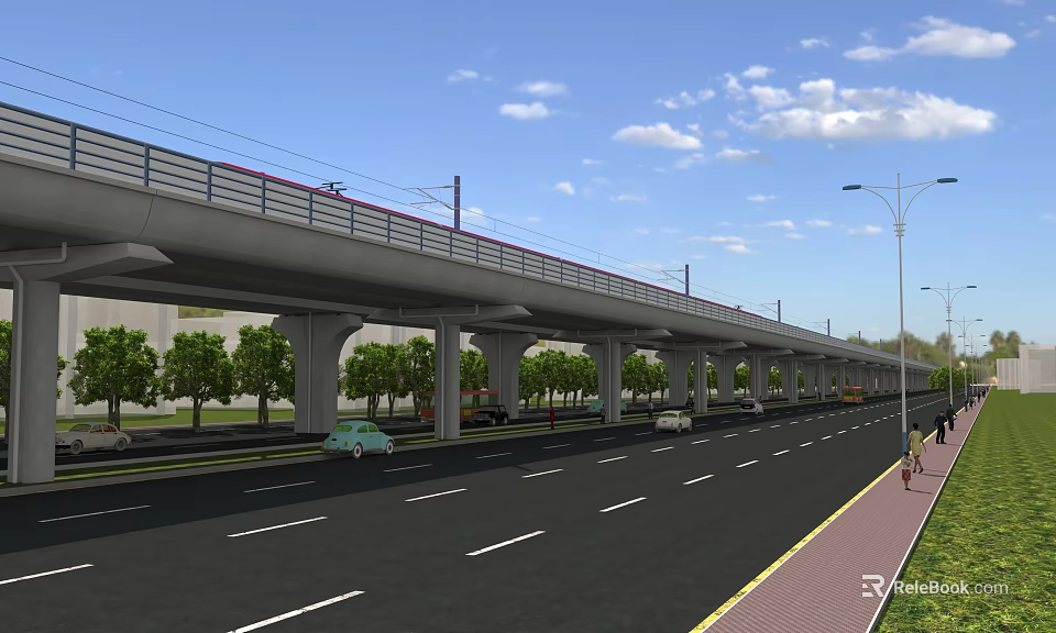 Elevated Road Infrastructure With Overpass Moving Vehicles Street Lamps Trees And Sidewalk 3d model 