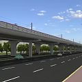 Elevated Road Infrastructure With Overpass Moving Vehicles Street Lamps Trees And Sidewalk