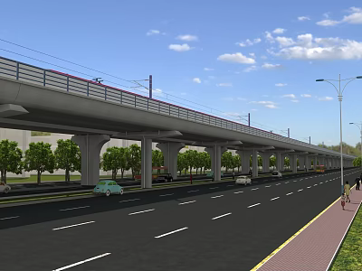 Elevated Road Infrastructure With Overpass Moving Vehicles Street Lamps Trees And Sidewalk 3d model