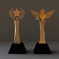 Golden Trophy Medals with Wings Laurel Leaves and Stars on Black Base