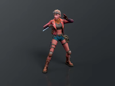 Man Wearing Red Jacket and Denim Shorts Holding Knife in Action Stance 3d model