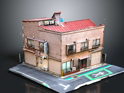 Two Story Building Model With Red Roof Brown Exterior And Street Base 3d model