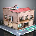 Two Story Building Model With Red Roof Brown Exterior And Street Base
