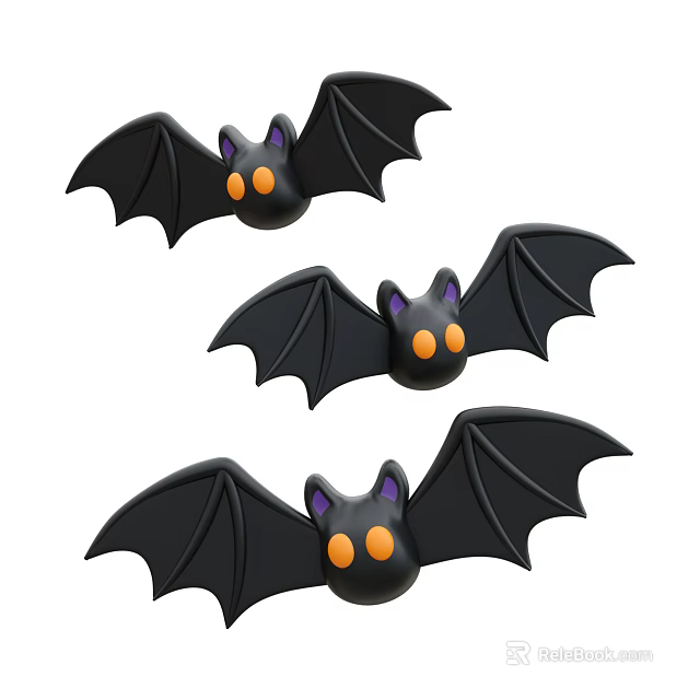Three Black Bats with Purple Ears and Orange Eyes Flying with Spread Wings 3d model 