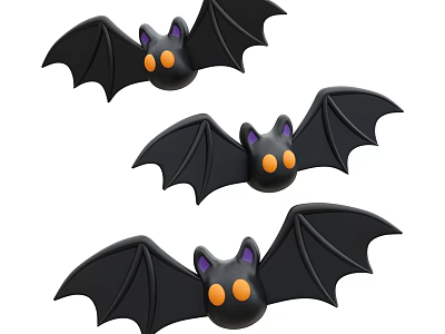 Three Black Bats with Purple Ears and Orange Eyes Flying with Spread Wings 3d model