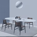 Modern Dining Table And Chairs Set With Marble Top Four Brown Chairs Pendant Light