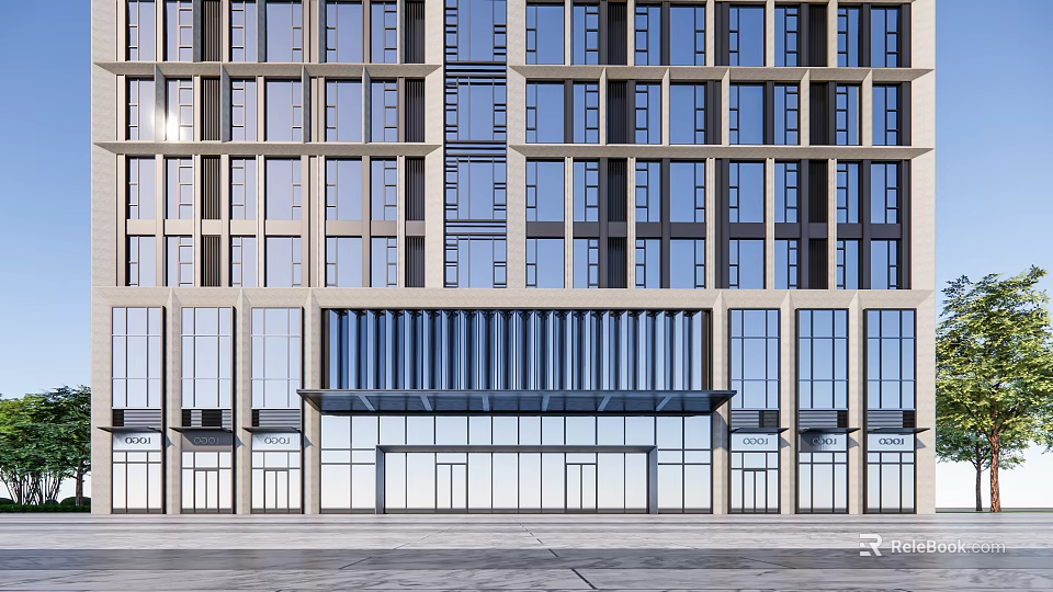 Modern High Rise Building With Glass Curtain Wall And Commercial Entrance 3d model 