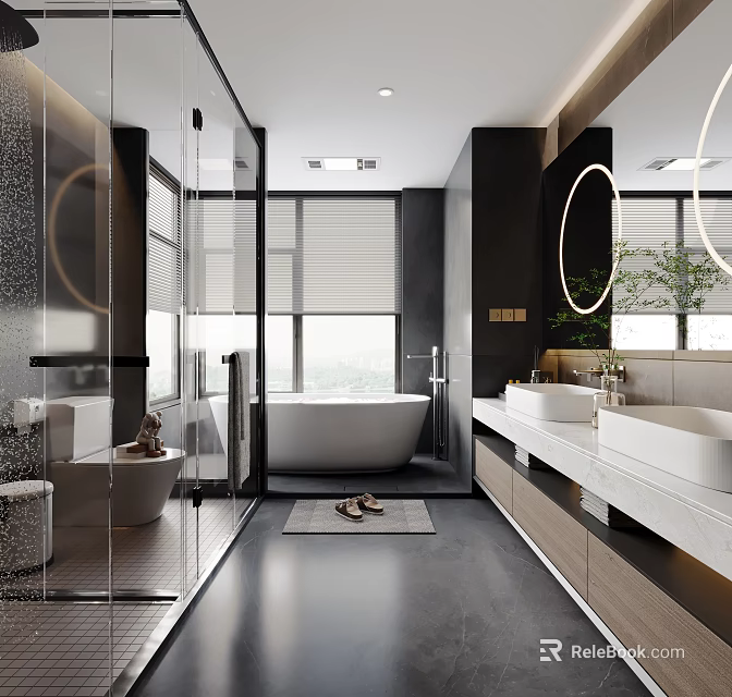Modern Sleek Bathroom Interior With Glass Shower Freestanding Bathtub Double Vanity And Round Mirrors 3d model 