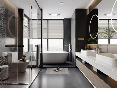 Modern Sleek Bathroom Interior With Glass Shower Freestanding Bathtub Double Vanity And Round Mirrors 3d model