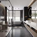 Modern Sleek Bathroom Interior With Glass Shower Freestanding Bathtub Double Vanity And Round Mirrors