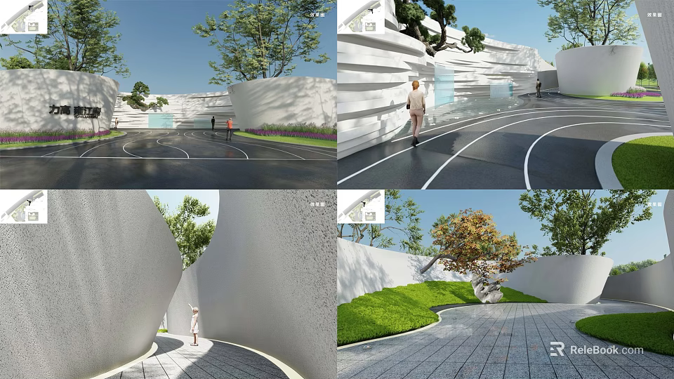 Modern White Curved Feature Wall Outdoor Design With Greenery Trees Grass Pathway And People 3d model 