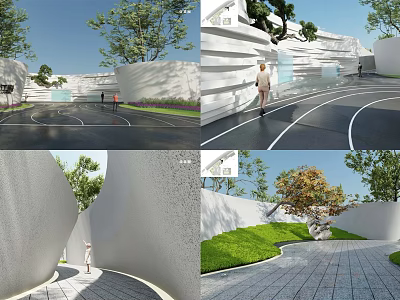 Modern White Curved Feature Wall Outdoor Design With Greenery Trees Grass Pathway And People 3d model