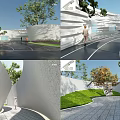 Modern White Curved Feature Wall Outdoor Design With Greenery Trees Grass Pathway And People