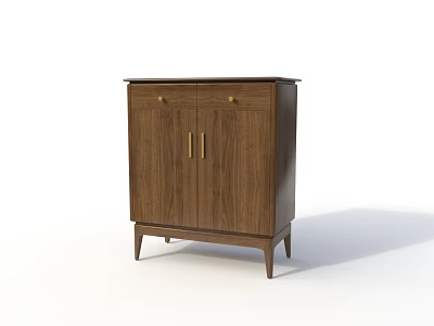 Walnut Wood Shoe Cabinet With Double Doors Golden Handles And Tapered Legs 3d model