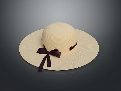 Stylish Beige Wide Brim Straw Hat With Dark Purple Bow Decoration 3d model