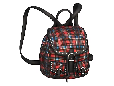 Plaid Pattern Backpack with Red Blue Black Design Black Straps Front Pockets Metal Buckles 3d model