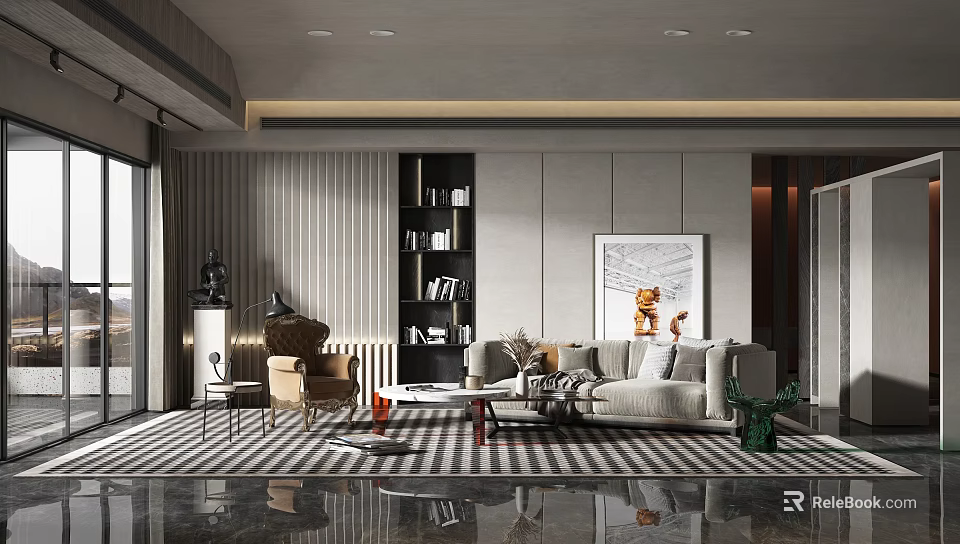Elegant Modern Living Room Interior With Sofa Bookshelf Coffee Table And Decorative Painting 3d model 