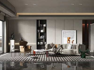 Elegant Modern Living Room Interior With Sofa Bookshelf Coffee Table And Decorative Painting 3d model