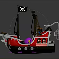 Pirate Ship With Skull Flags Black Flag Red Hull Cage Purple Ball And Yellow Figure