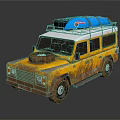 Vintage Yellow Muddy Off Road Vehicle With Roof Rack And Blue Kayaks