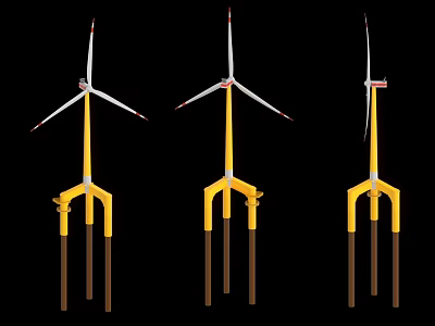 Three Industrial Wind Turbines With Yellow Base Structure And White Blades 3d model