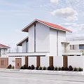 Modern Detached Villa Exterior With White Walls Sloped Roof Wooden Gate And Green Plants